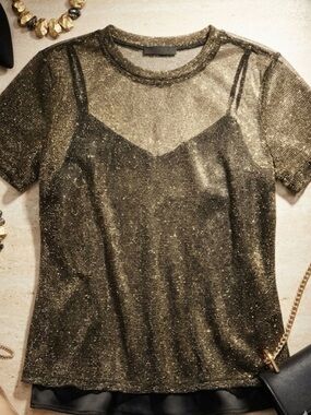 Vtg Forever 21 Gold Metallic Shimmer Mesh Sheer Top Sz L Y2K Night Out Festival